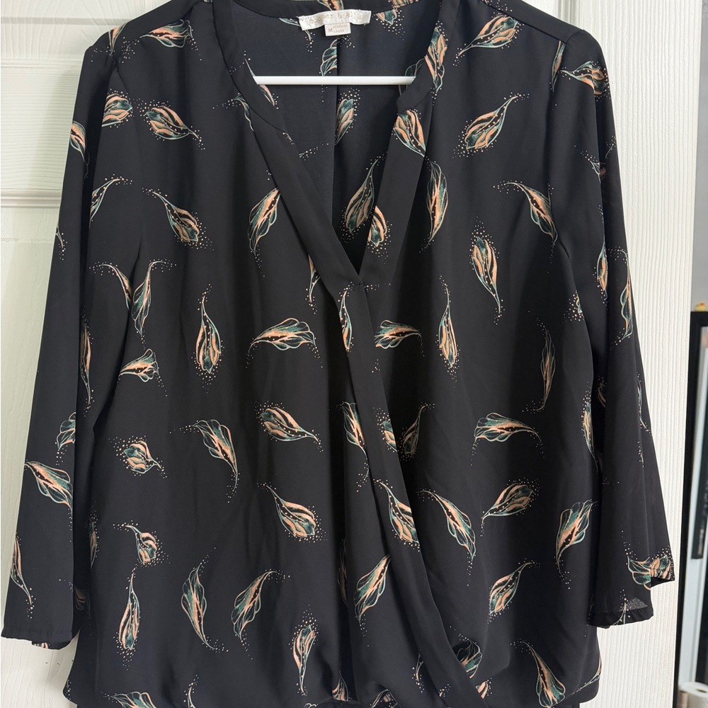 Cooper & Ella Black Blouse with Feather Pattern